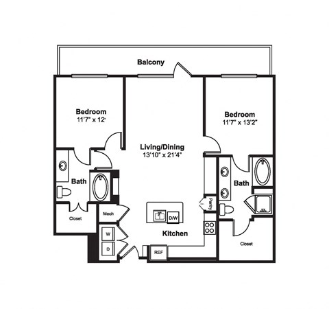 Floor plan for 2 beds, 2 baths, 1169 sqft